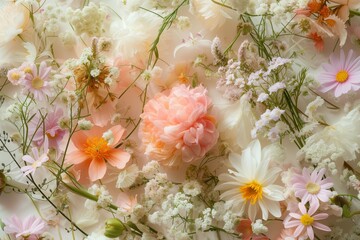 Bright blooming summer background of flowers. Floral pattern of delicate different flowers. Abstract backdrop for Women's Day and March 8th with a lot of flowers, pastel colors