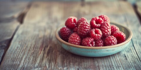raspberries in a plate on a wooden table Generative AI