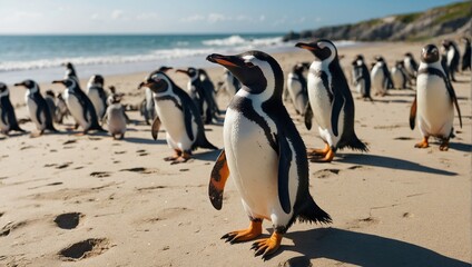 group of penguins waddling along the sandy shore, enjoying a sunny day at the beach