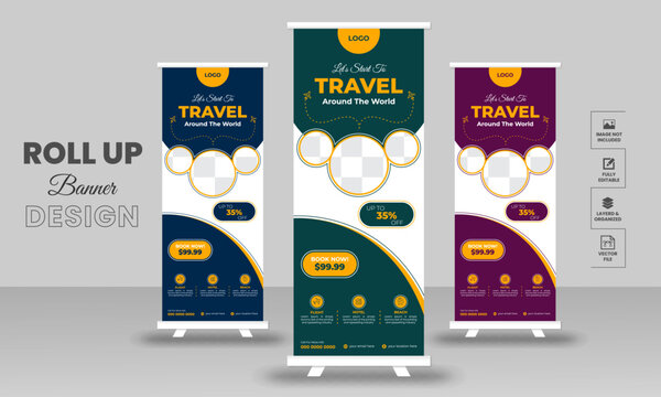Travel Business agency Roll Up Banner Template presentation, vector layout for tour or travel vacation  purposes.