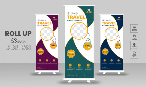 Travel Business agency Roll Up Banner Template presentation, vector layout for tour or travel vacation  purposes.