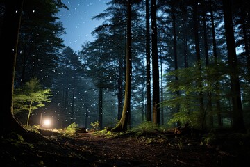 Bright meteors cross starry sky over serene trees., generative IA