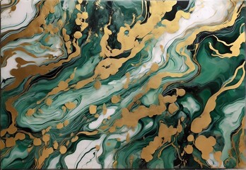 Luxurious abstract liquid painting background alcohol ink technique green and gold.
