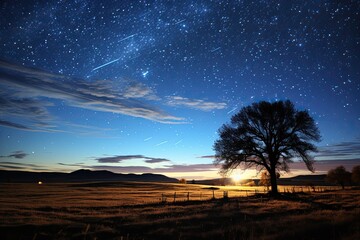 Meteor Shower Bedazzles Night Sky Over Open Field., generative IA