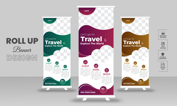 Travel Business agency Roll Up Banner Template presentation, vector layout for tour or travel vacation  purposes.