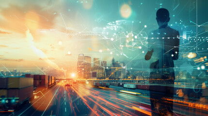 futuristic scene where a person is using augmented reality (AR) to interact with a complex interface, overlaid on a shipping port background.