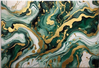 Luxurious abstract liquid painting background alcohol ink technique green and gold.