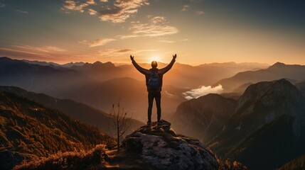 a person standing on a rock with arms raised - obrazy, fototapety, plakaty