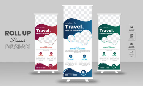 Travel Business agency Roll Up Banner Template presentation, vector layout for tour or travel vacation  purposes.