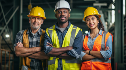 three construction workers, each wearing hard hats and high-visibility vests, are standing confidently in an industrial setting.
