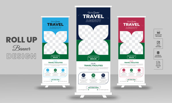 Travel Business agency Roll Up Banner Template presentation, vector layout for tour or travel vacation  purposes.