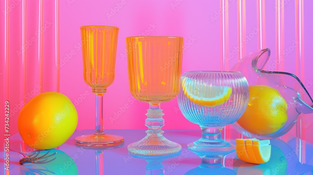 Poster a table topped with glasses and lemons next to a pitcher of oranges and a pitcher of lemons and a pi