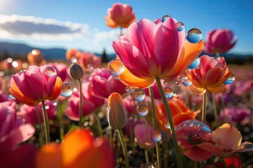 Fotobehang Double rainbow on the field of colorful tulips., generative IA © JONATAS