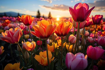 Poster Double rainbow on the field of colorful tulips., generative IA © JONATAS