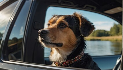 Head of happy lap dog looking outside of car window to river, Curious terrier enjoying river scene road trip on sunny summer day