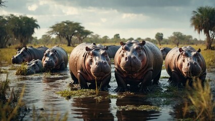 Herd of Hippos in swamp