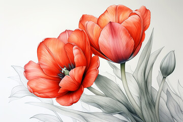 Tulip flower vintage boho style for textiles, wall art, fabric, wedding invitation, cover design. Botanical illustration.