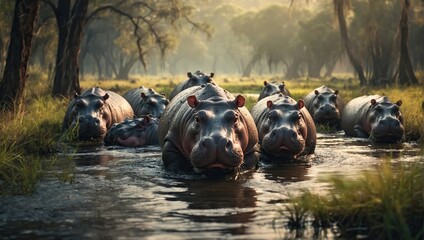 Herd of Hippos in swamp