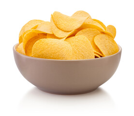 Potato chips in brown bowl isolated on white background