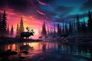 Reindeer grazing under the dawn boreal., generative IA
