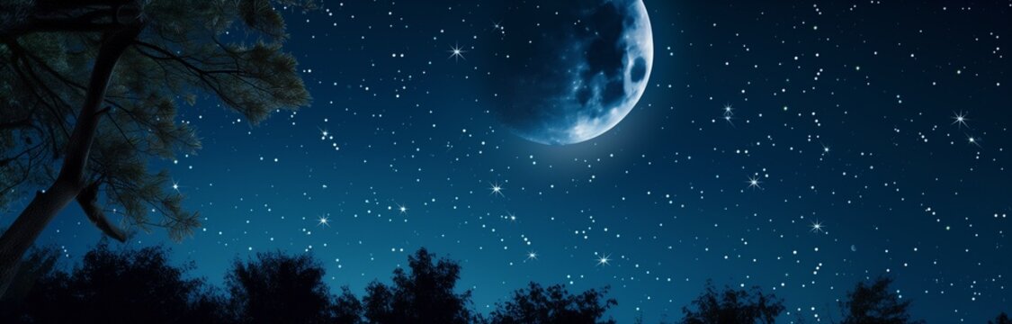 beautiful view of moon over trees at night full of stars