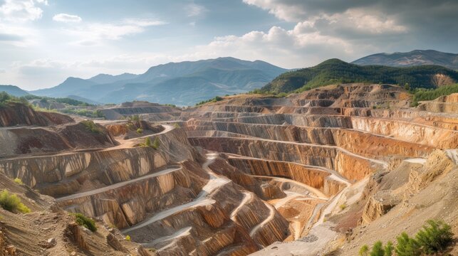 Terraced Might: Open-Pit Mine in Mountainous Landscape Under Cloudy Skies industrial activity, mountainous backdrop, cloudy sky, earth tones, excavation site, resource extraction, environmental impact