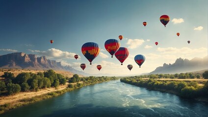 Hot air balloons flying over river