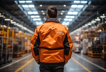 a man in an orange jacket walking in a warehouse