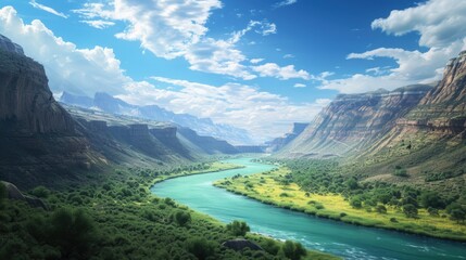Fototapeta premium Serene Mountain Valley River with Lush Greenery and Misty Peaks