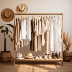 Stylish Wardrobe Setup with Earth Tone Clothes and Accessories