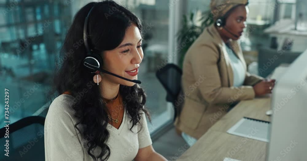 Poster crm, woman and happy to help in call center with technical support, consultation and communication w