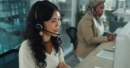 Crm, woman and happy to help in call center with technical support, consultation and communication with care. Contact us, online and talking with customer service in telemarketing office with smile - Powered by Adobe