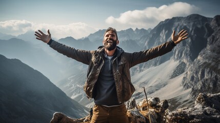 a man standing on a mountain with his arms raised - obrazy, fototapety, plakaty