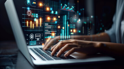 person's hands are seen typing on a laptop keyboard, with futuristic digital graphics of charts, graphs, and data analytics floating above the computer screen.