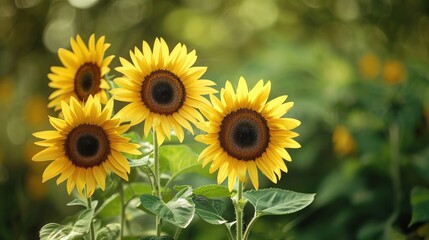 a bunch of sunflowers that are blooming in a field of green grass and yellow flowers are in the foreground, with a blurry background of the sunflowers in the foreground.