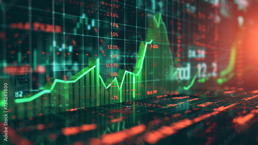 Poster digital graphical representation of a stock market with fluctuating graphs, numerical data, and upwa