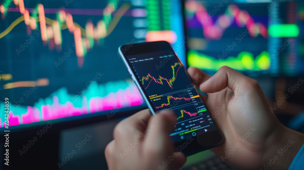 Poster a person is holding a smartphone with stock market data on the screen, with a blurred background sho