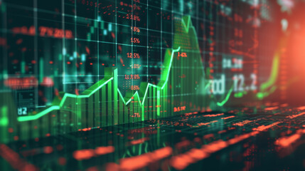 digital graphical representation of a stock market with fluctuating graphs, numerical data, and upward and downward trends, indicating financial analysis or stock trading activity.