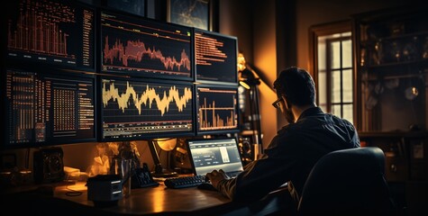 a man sitting at a desk looking at multiple computer screens