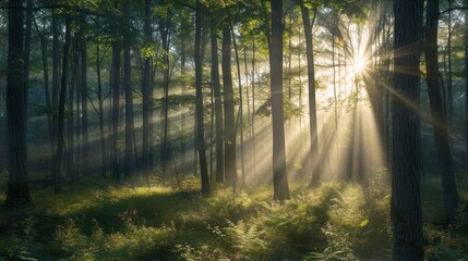  the sun shines through the trees into a forest filled with tall, green grass and tall, thin, thin, thin, and thin trees in the foreground.