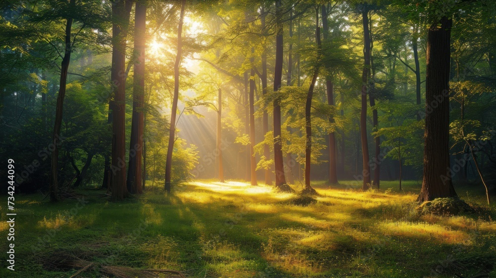 Poster a painting of the sun shining through the trees in a wooded area with grass and trees on either side