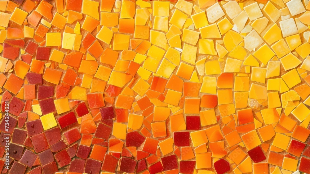 Poster a close up of a wall made up of many different colors of glass tiles with a pattern of red, orange, 