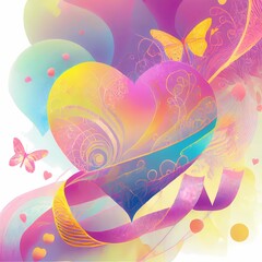 illustration of an background, heart with butterflies and flowers