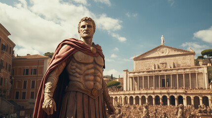 Julius Caesar statue in ancient Rome, stoned statue on a roman background. Gaius Iulius Caesar