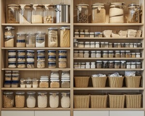 Streamlined Pantry Organization: Minimalist Shelving with Dry Goods and Baskets