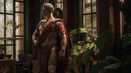 Julius Caesar statue in ancient Rome, stoned statue on a roman background. Gaius Iulius Caesar