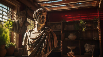 Julius Caesar statue in ancient Rome, stoned statue on a roman background. Gaius Iulius Caesar