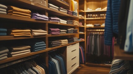 Obraz premium Organized Walk-In Closet: Neatly folded clothes, wooden shelves. 