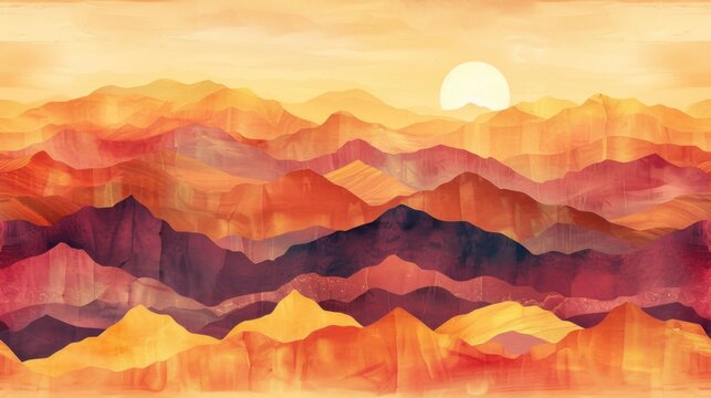  a painting of a mountain range with the sun in the distance and mountains in the foreground with oranges, yellows, and pinks and oranges.