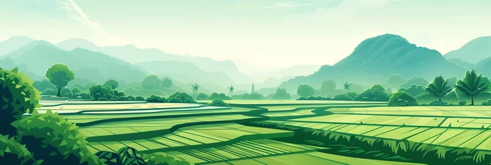 Foto op Plexiglas Pastoral Sunrise Over a Misty Countryside with Terraced Rice Fields, Traditional Architecture, and Verdant Hills, Ideal for Tranquil Morning Scenes © Rade Kolbas